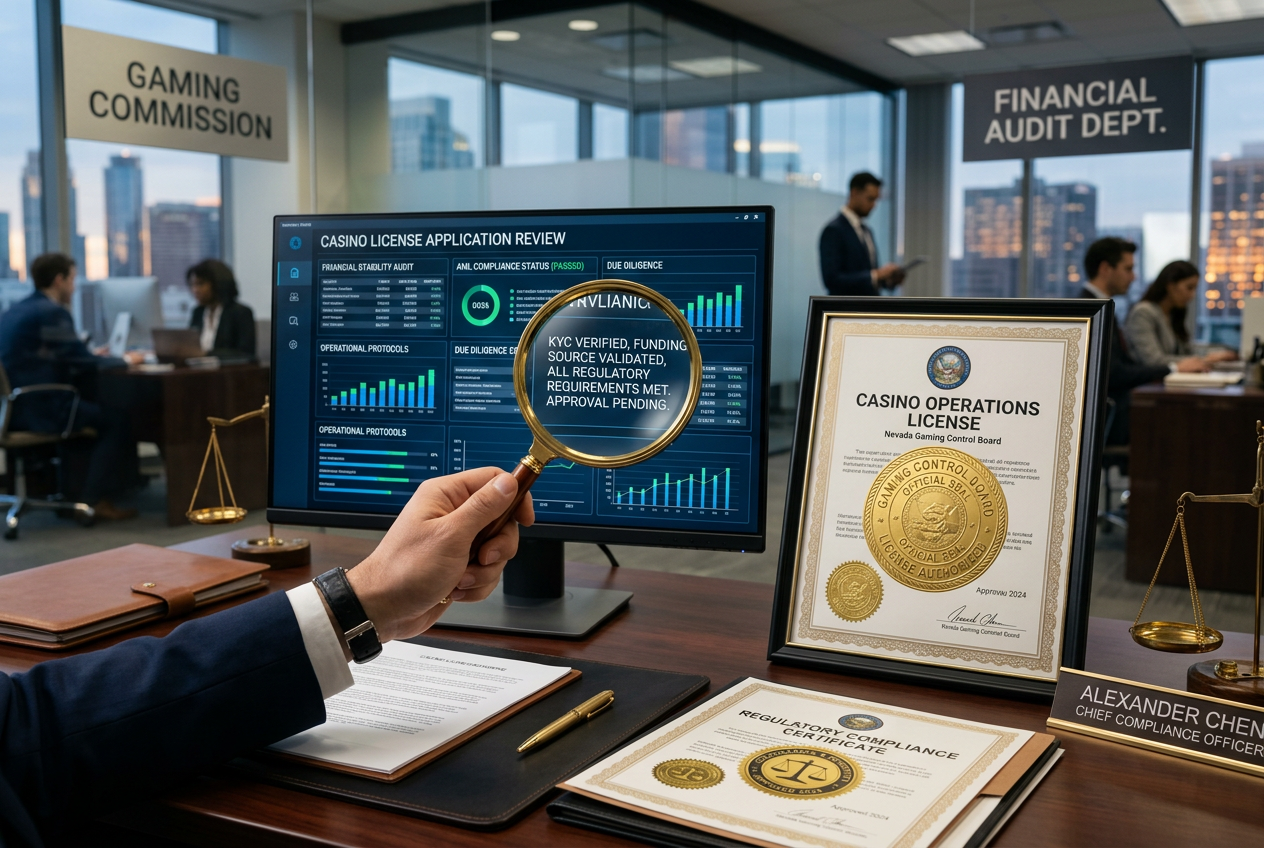 Visualization of regulatory compliance and casino licensing with official gold seals and documents