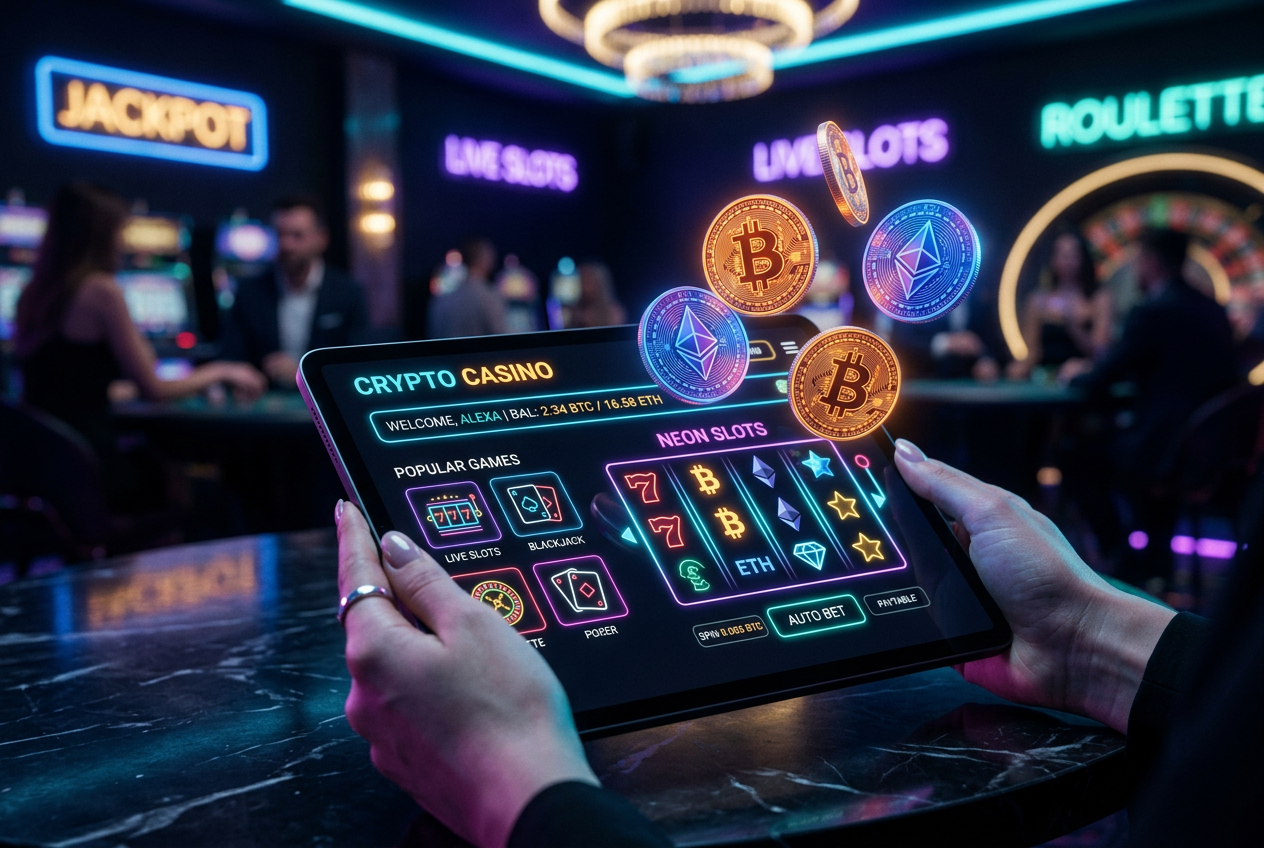 Nowoczesny interfejs kasyna krypto z portfelem Bitcoin na ekranie