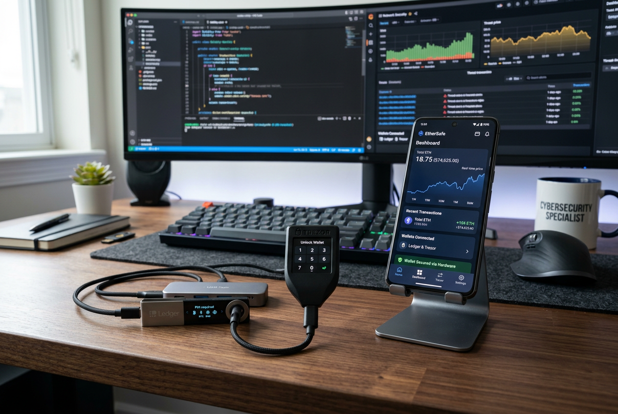 Hardware crypto wallet Ledger and Trezor with Ethereum logo on a desk