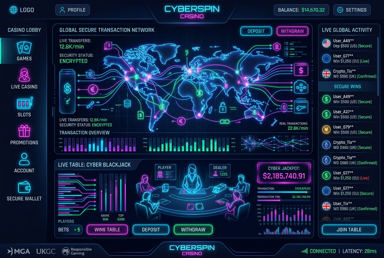 Modern online casino gaming interface with high-tech data visualizations and abstract financial symbols