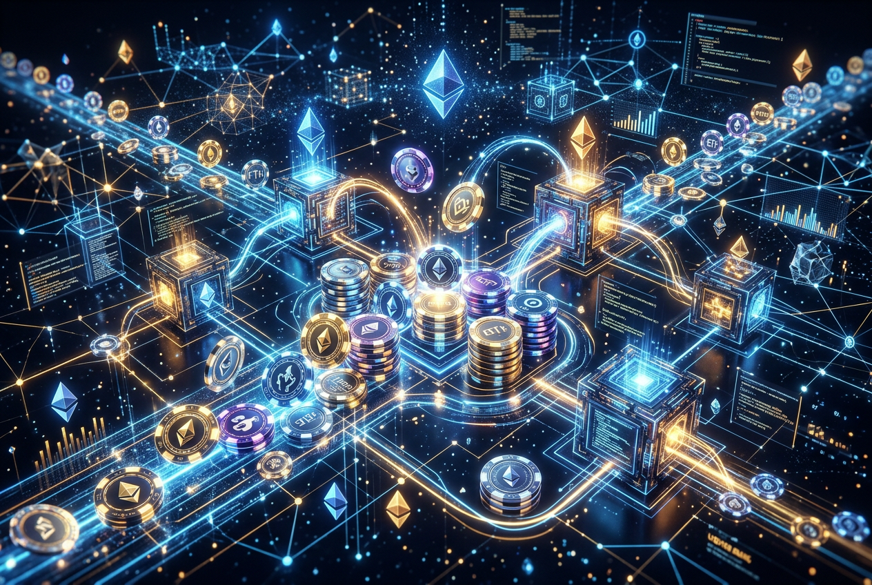 Ethereum blockchain visualization with digital casino chips and smart contract symbols