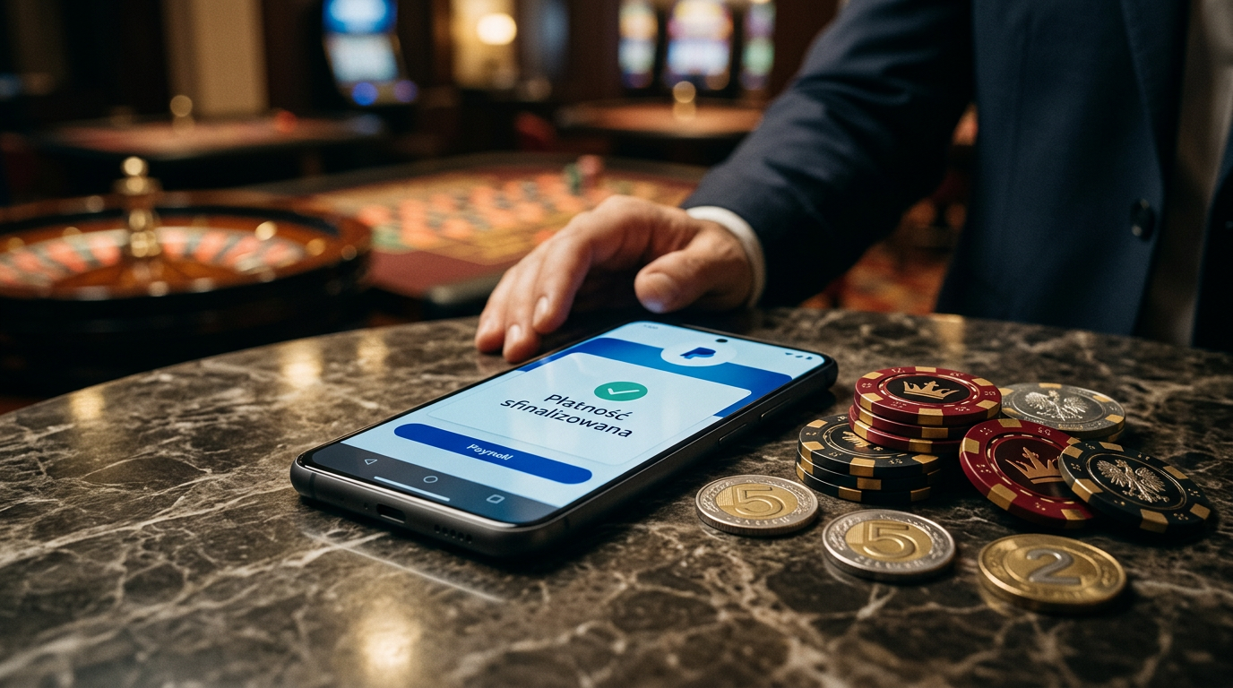 Smartfon z aplikacją PayPal obok żetonów kasynowych i złotych monet.