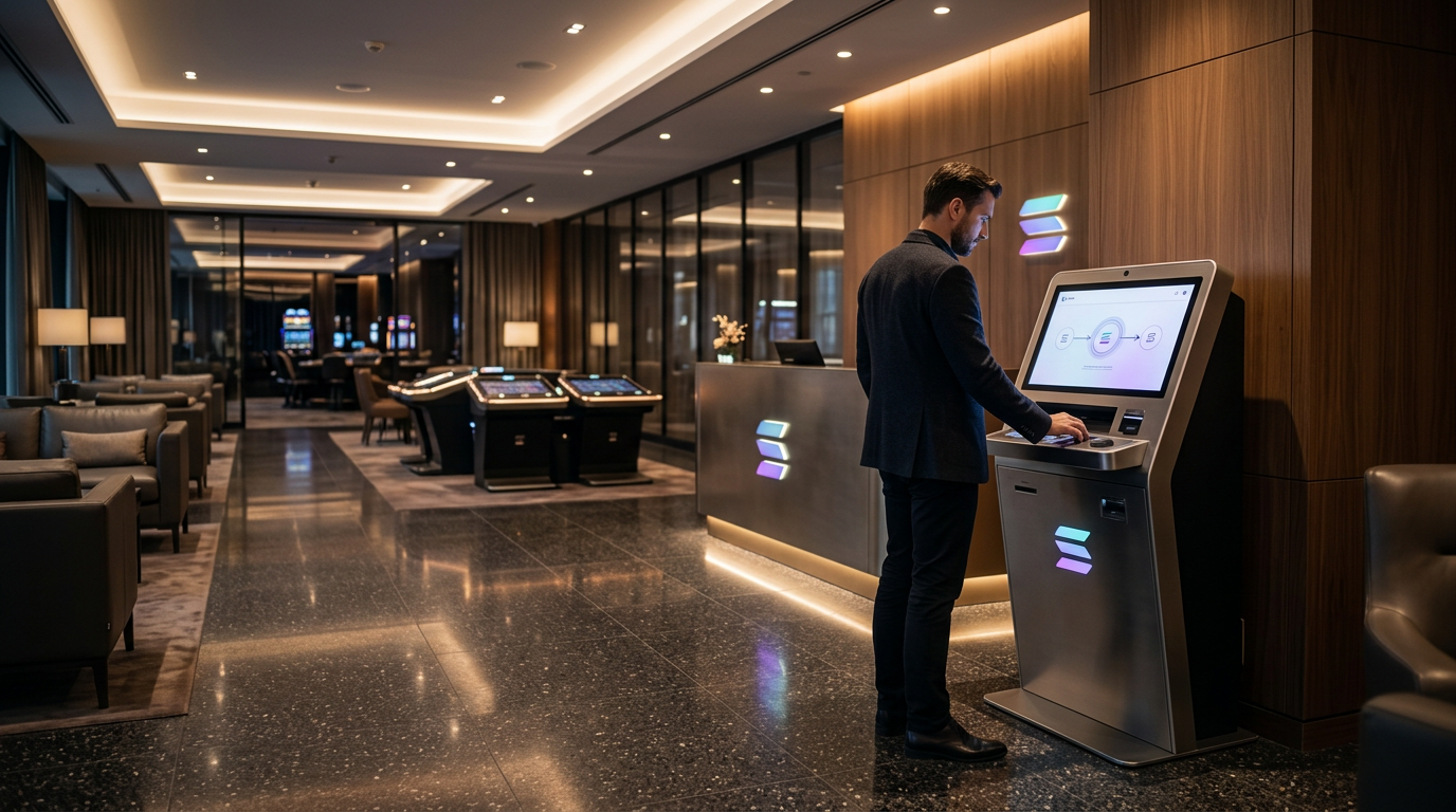 Futuristic digital casino environment featuring Solana branding and blockchain technology.