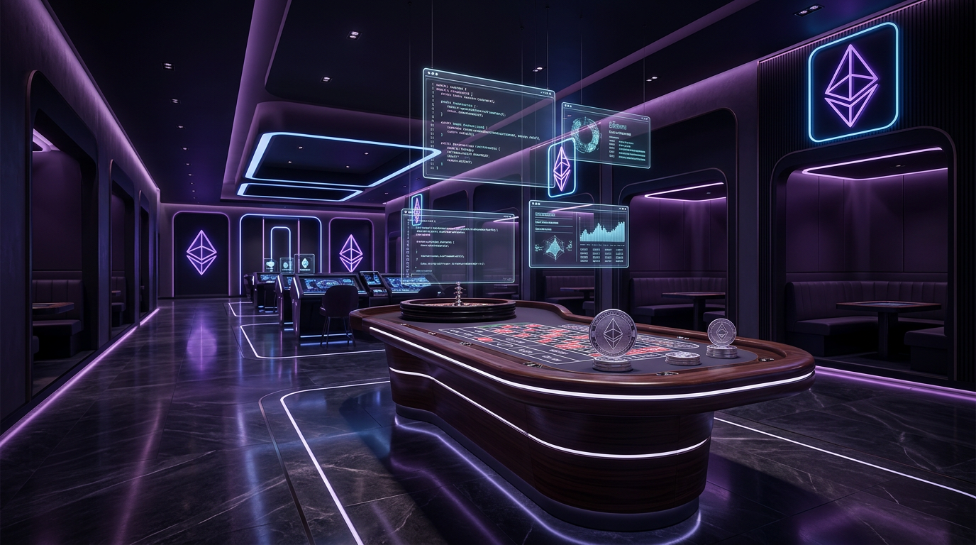 Futuristic Ethereum casino interface with blockchain technology visualizations