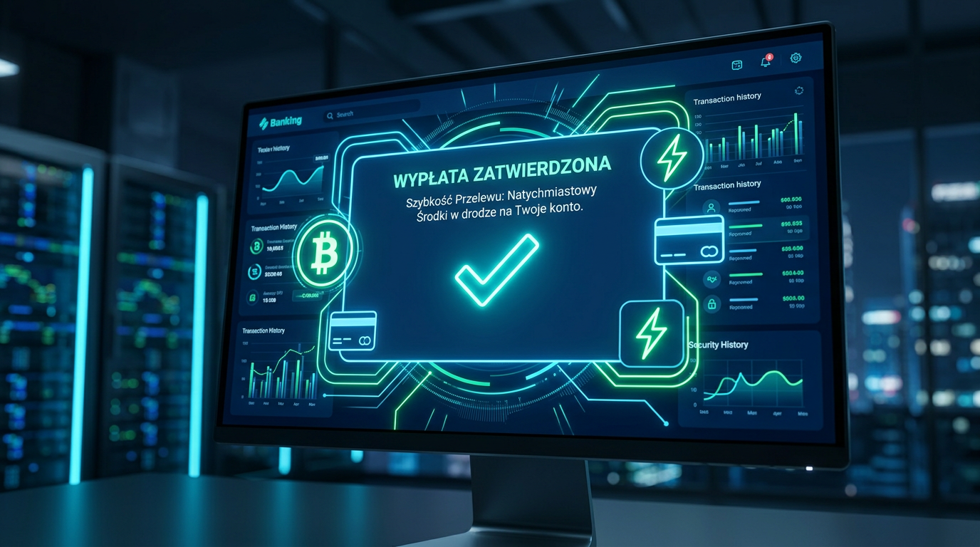 Cyfrowy interfejs płatności kasynowych pokazujący błyskawiczną realizację wypłaty