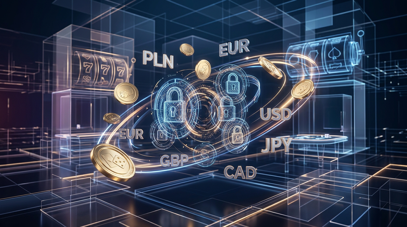 Digital representation of a global online casino with security icons and international currency symbols