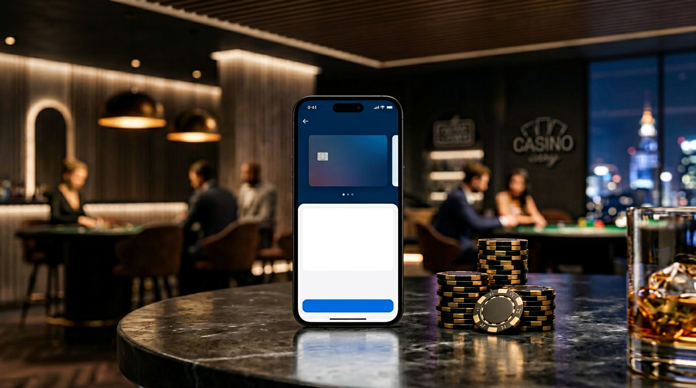 Smartfon z aplikacją bankową Revolut obok żetonów kasynowych na eleganckim ciemnym tle