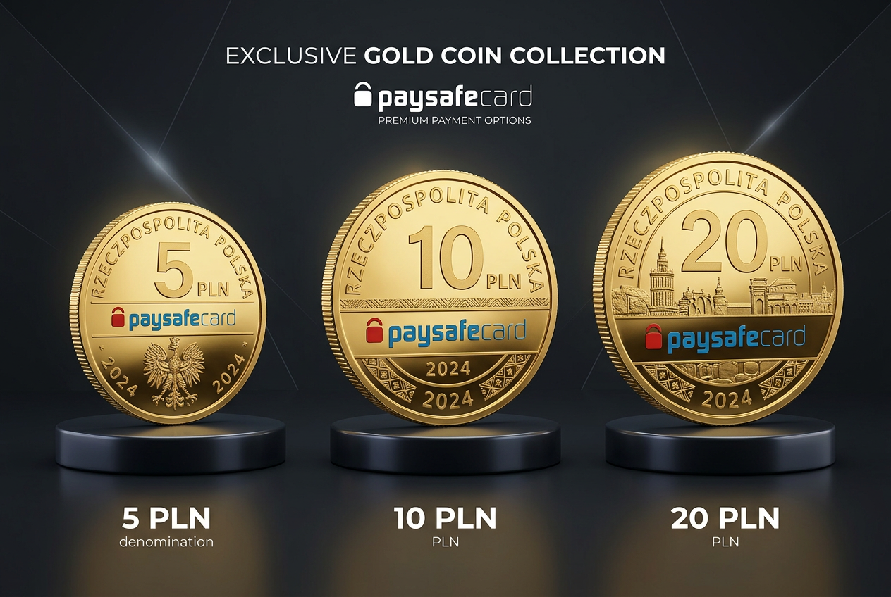 Infografika przedstawiająca monety 5PLN, 10PLN i 20PLN z logo Paysafecard na ciemnym tle