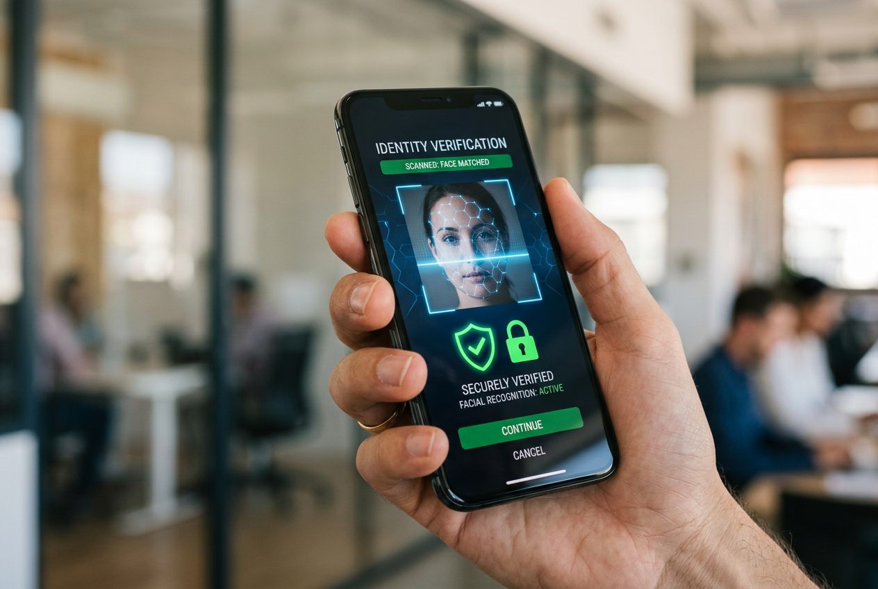 Bezpieczna weryfikacja KYC na urządzeniu mobilnym z widocznymi ikonami zabezpieczeń