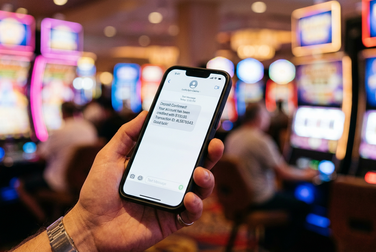 Smartphone displaying a secure SMS payment confirmation for a casino deposit